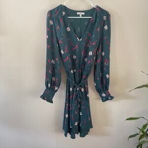 Joie Womens Medium Marlayne Floral Dress Teal Ocean Smocked Sleeves Boho